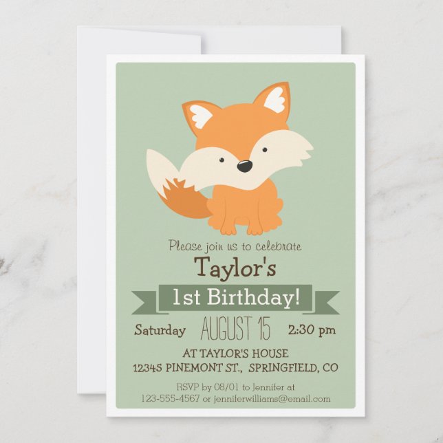 Baby Fox, Woodland Animal Kid's Birthday Party Invitation (Front)