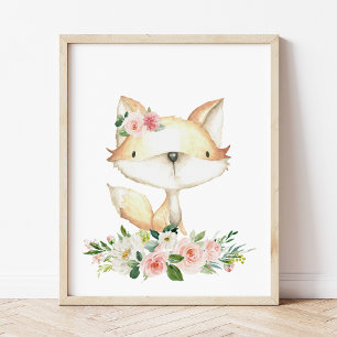 Baby Fox, Woodland Animals, Boho, Pink Flowers Photo Print