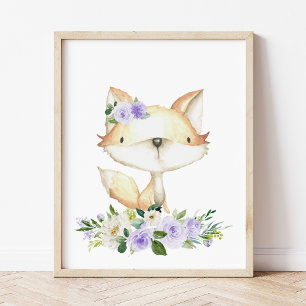 Baby Fox, Woodland Animals, Boho, Purple Flowers Poster