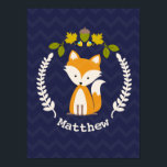 Baby Fox Wreath Personalised Nursery Artwork - Boy Poster<br><div class="desc">Nursery artwork featuring an illustration of a baby fox inside a wreath decorated with an acorn,  leaves,  and flowers.  Background is dark blue chevron pattern.  Personalise the name.</div>