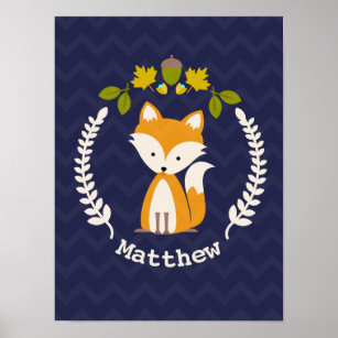 Baby Fox Wreath Personalised Nursery Artwork - Boy Poster