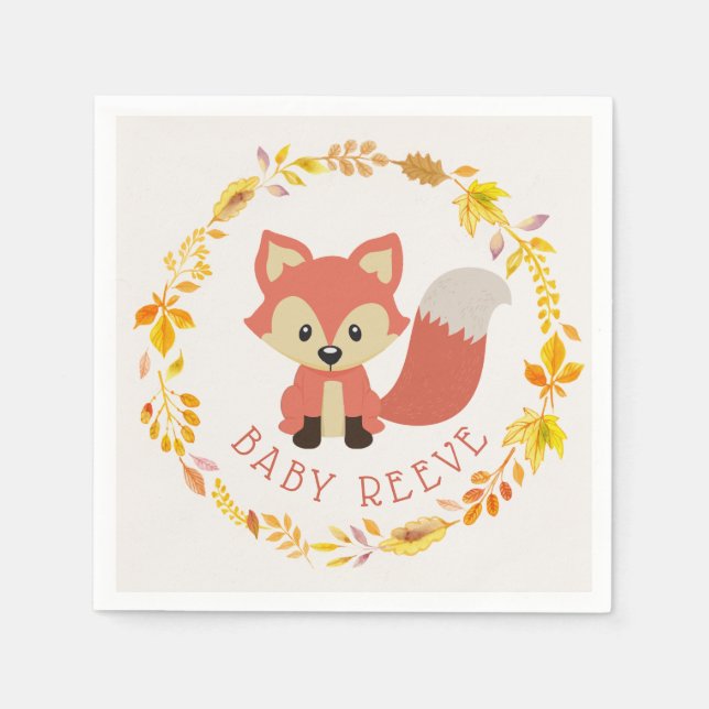 Baby Fox Wreath Woodland Animals Baby Shower Napkin (Front)
