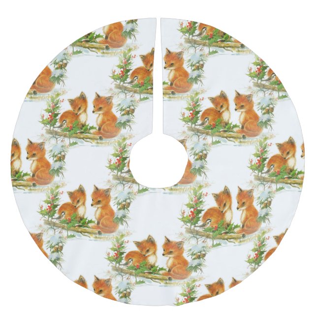 Baby Foxes Holly Christmas Tree Skirt (Front)