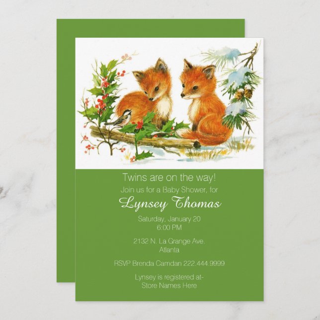 Baby Foxes Twins Baby Shower Invitation (Front/Back)