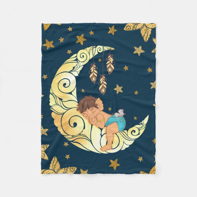 Baby Ganesha with moon and stars Fleece Blanket (Front)