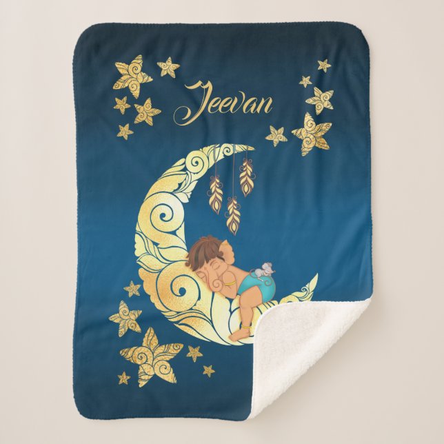 Baby Ganesha with moon and stars Sherpa Blanket (Front)