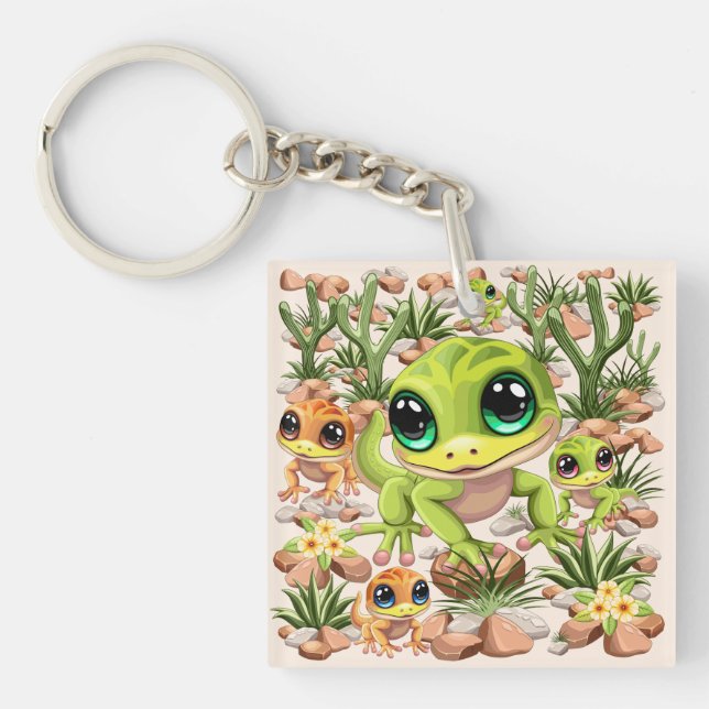 Baby Geckos Cute Cartoon Characters Key Ring (Front)