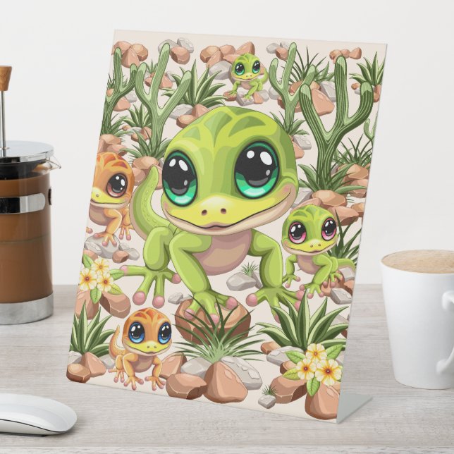 Baby Geckos Cute Cartoon Characters Pedestal Sign (In SItu)