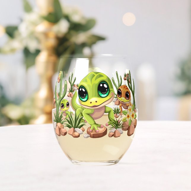 Baby Geckos Cute Cartoon Characters Stemless Wine Glass (Insitu (Wedding))