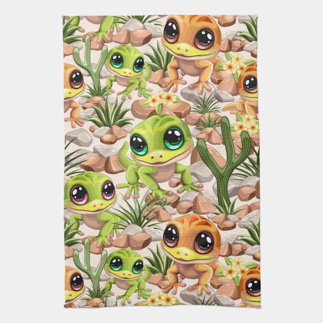 Baby Geckos Cute Cartoon Characters Tea Towel (Vertical)