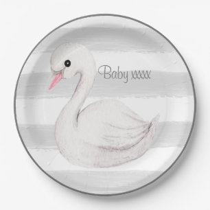 Baby Gender Neutral Swan Grey Script Baby Shower Paper Plate