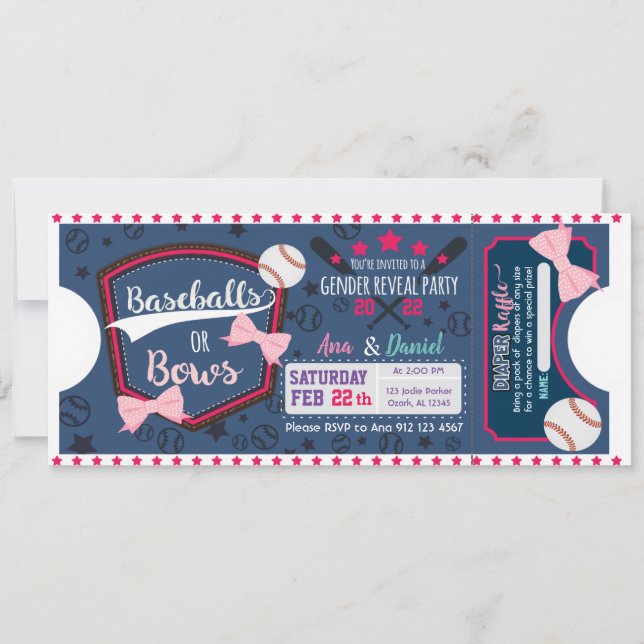 Baby gender reveal Baseballs or Bows diaper raffle Invitation (Front)