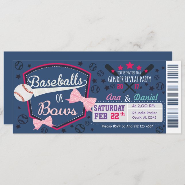 Baby gender reveal - Baseballs or Bows Invitation (Front/Back)