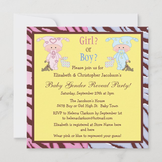 Baby Gender Reveal Cute Cartoon Babies & Bunnies Invitation (Front)
