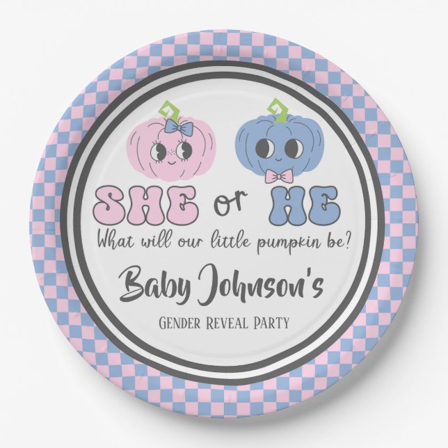 Baby Gender Reveal - Cute Groovy Pumpkins Paper Plate (Front)