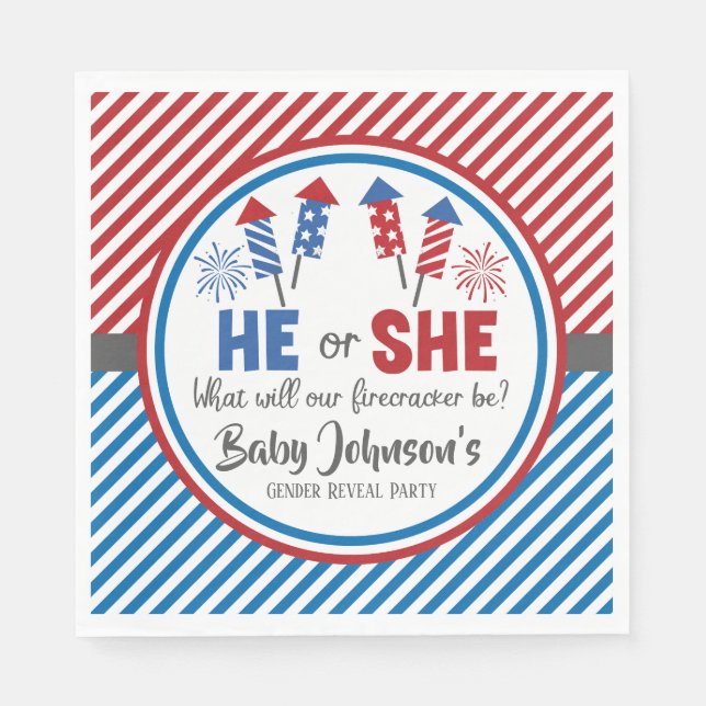 Baby Gender Reveal - Firecracker 4th of July Napkin (Front)