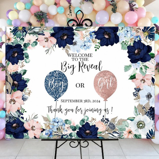 Baby gender reveal pink blue flowers party sign (Creator Uploaded)