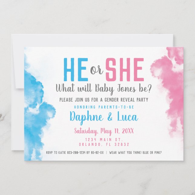 Baby Gender Reveal Smoke Bomb Blue and Pink Party Invitation (Front)