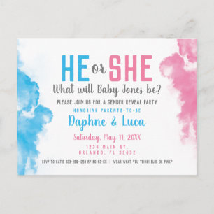 Baby Gender Reveal Smoke Bomb Blue and Pink Party Postcard