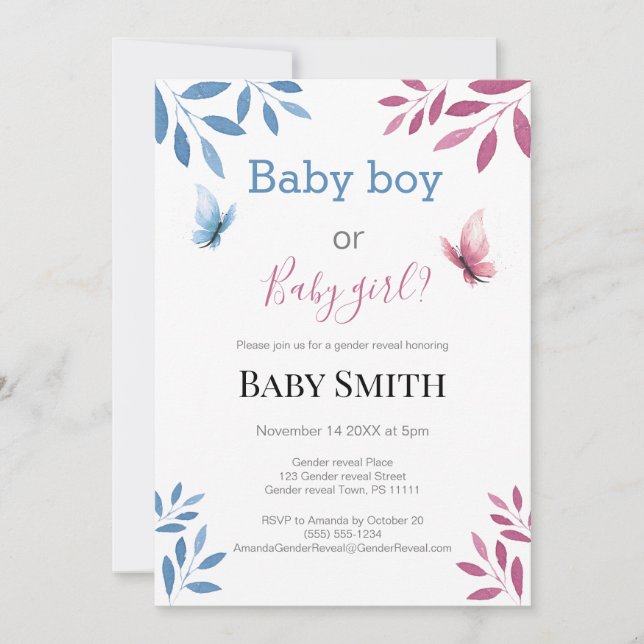 Baby gender reveal watercolor floral butterfly invitation (Front)