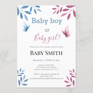 Baby gender reveal watercolor floral butterfly invitation