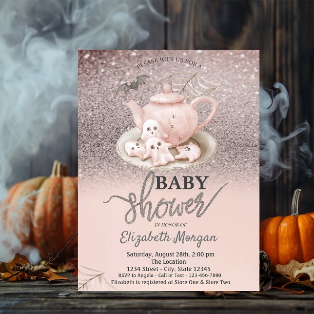 Baby Ghosts Teapot Rose Glitter Bokeh Baby Shower Invitation (Creator Uploaded)