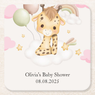 BABY GIRAFFE BABY SHOWER  SQUARE PAPER COASTER