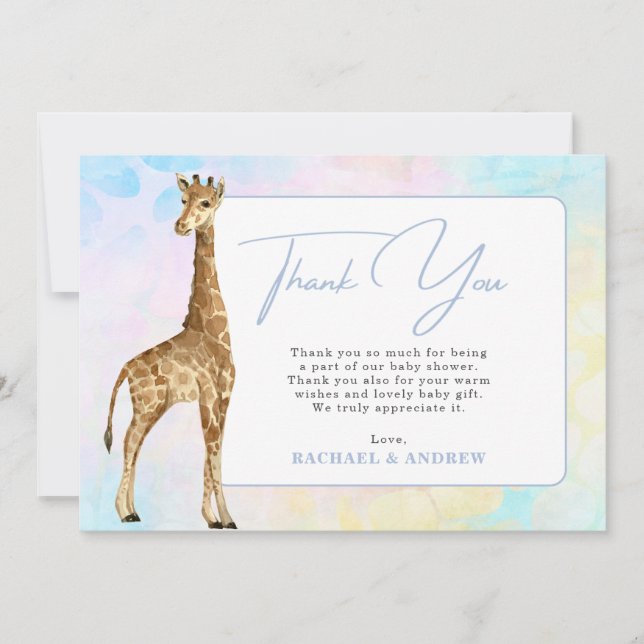 Baby Giraffe Blue Baby Shower Thank You Card (Front)