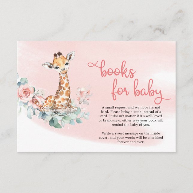 Baby giraffe blush flowers eucalyptus book request enclosure card (Front)