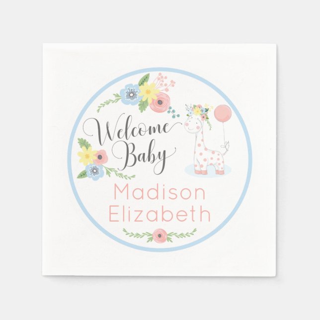 Baby Giraffe Floral Calf Welcome Baby Shower Party Napkin (Front)
