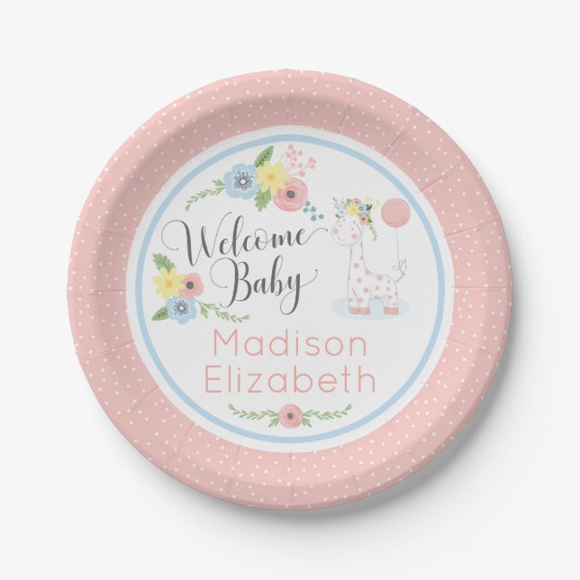 Baby Giraffe Floral Calf Welcome Baby Shower Party Paper Plate (Front)