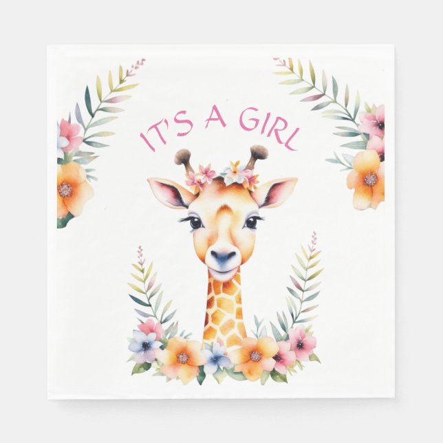 Baby Giraffe Floral, It's a Girl  | Baby Shower Napkin (Front)