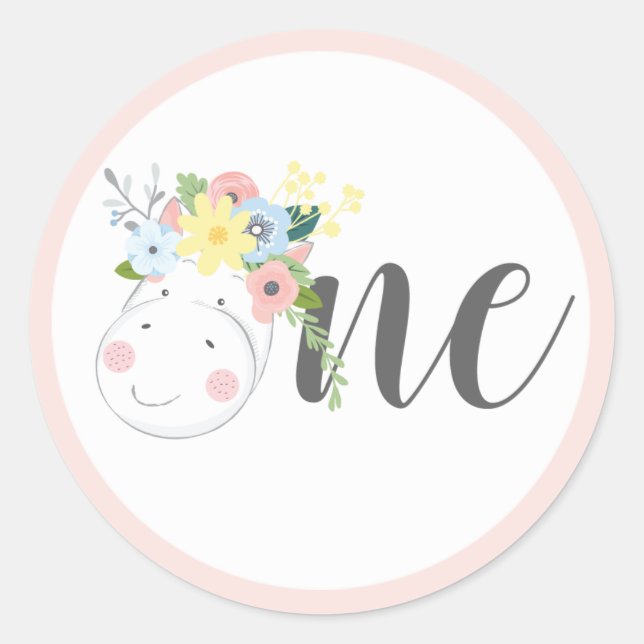 Baby Giraffe Floral Number One 1st Birthday Party Classic Round Sticker (Front)