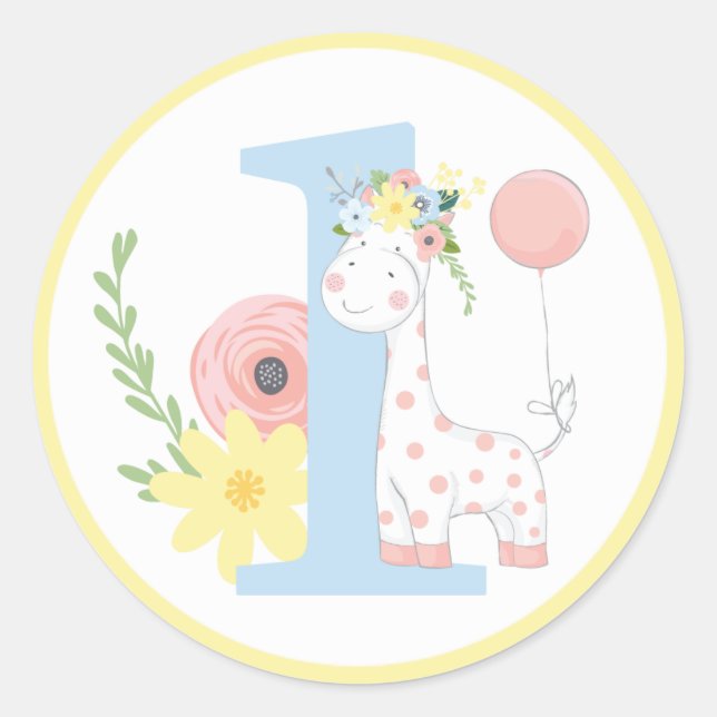 Baby Giraffe Floral Number One 1st Birthday Party Classic Round Sticker (Front)