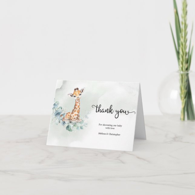 Baby giraffe green eucalyptus wreath thank you card (Front)