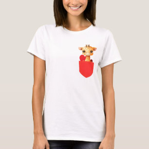 Baby Giraffe in a Printed Red Pocket T-Shirt