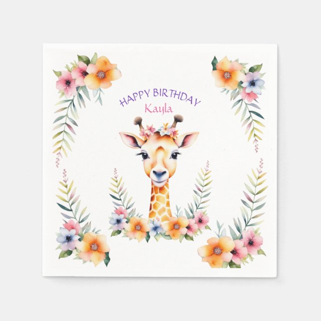 Baby Giraffe in Flowers Girl's Birthday Party Napkin (Front)
