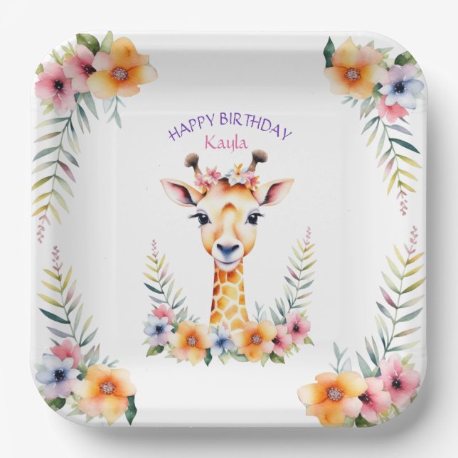 Baby Giraffe in Flowers Girl's Birthday Party Paper Plate (Front)