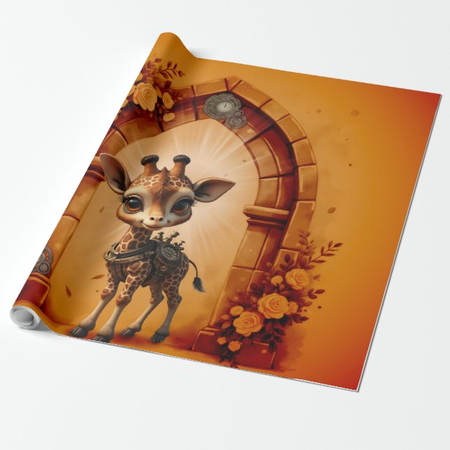 Baby giraffe in steampunk-cartoon wrapping paper (Unrolled)
