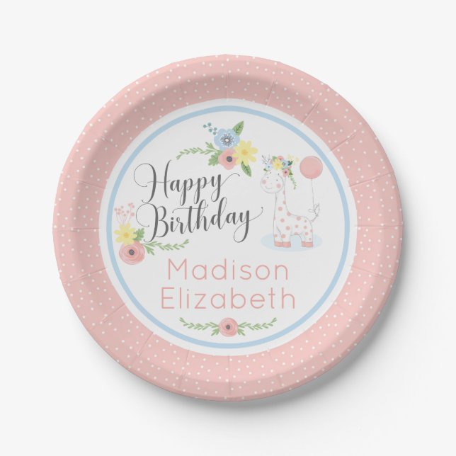Baby Giraffe Pink Floral Happy 1st Birthday Party Paper Plate (Front)
