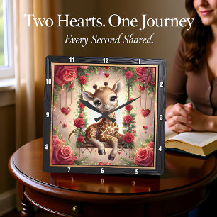 Baby Giraffe Rose Garden Square Wall Clock