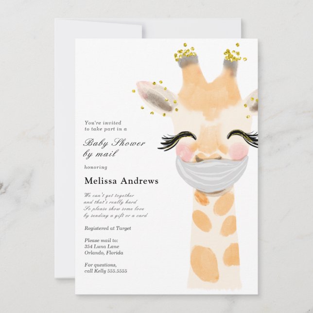 Baby Giraffe with Mask Baby Shower by Mail Invitation (Front)