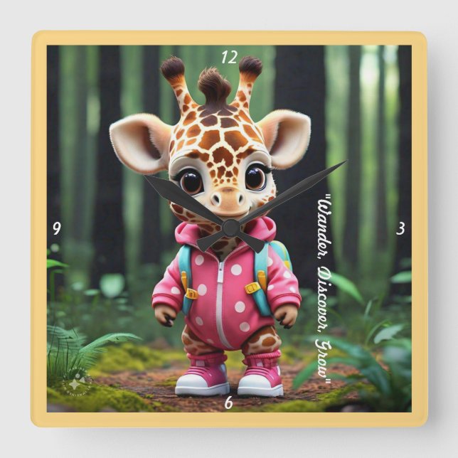 "Baby Giraffe's Playdate" Square Wall Clock (Front)