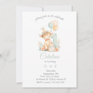 Baby Girl 1st Birthday highland cow Invitation