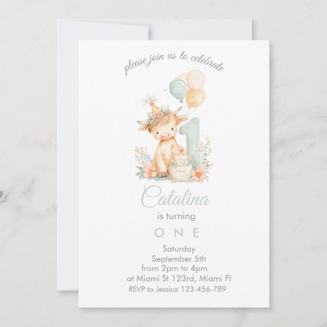 Baby Girl 1st Birthday highland cow Invitation (Front)