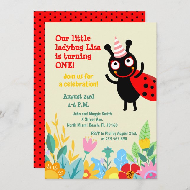 Baby girl 1st birthday ladybug party   invitation (Front/Back)