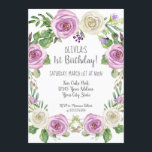 Baby Girl 1st Birthday Lavender Watercolor Floral Invitation<br><div class="desc">IDEA: If you purchase a photo collage frame (available in many stores at great prices) you can use the reverse side of this invitation to fill one of the openings and give a beautiful focus to the photos from the event. Sweet and sophisticated modern watercolor artwork for your baby girl's...</div>