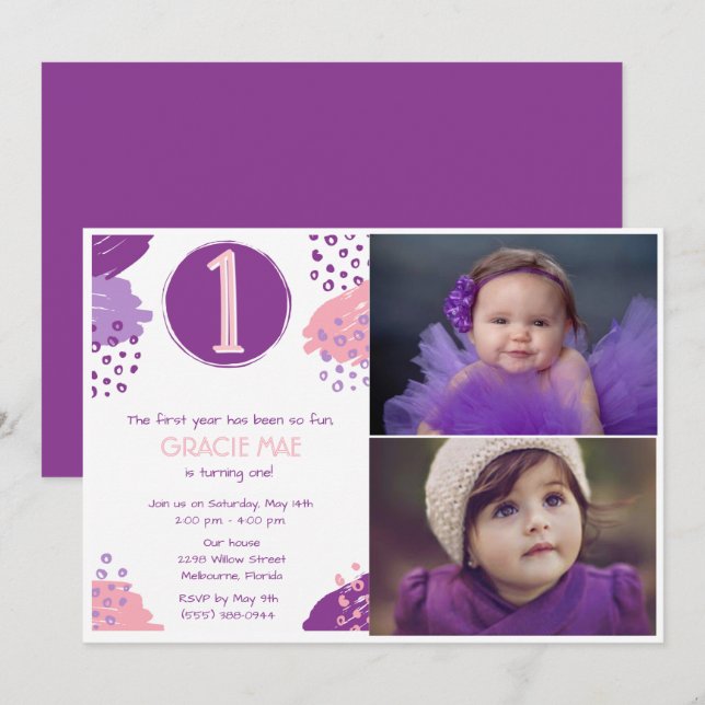 Baby Girl 1st Birthday Two Photo Party Invitation (Front/Back)