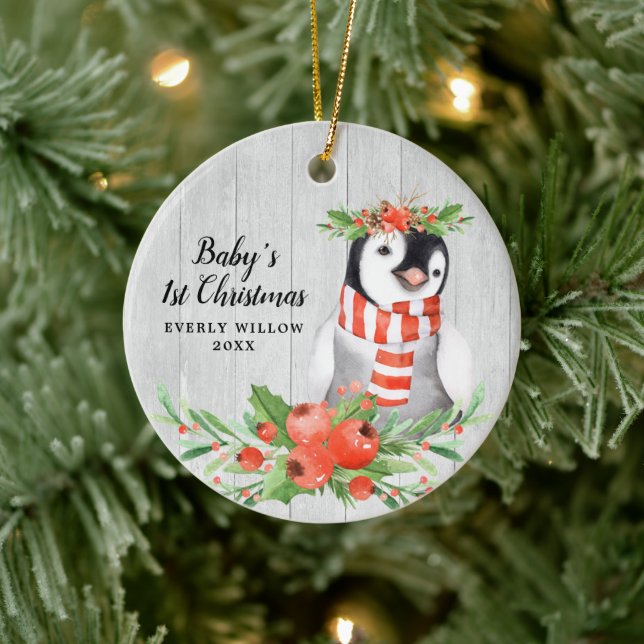Baby Girl 1st Christmas Personalised Cute Penguin Ceramic Tree Decoration (Tree)