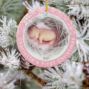 Baby Girl 1st Christmas Photo Snowflakes Pink Ceramic Tree Decoration